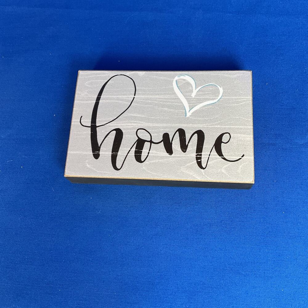 Home Wooden Block Sign - Rustic Grey Farmhouse Tabletop Decor Plaque Heart